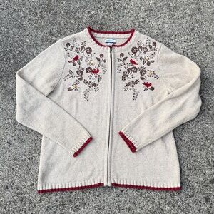 Vintage Croft & Barrow Embroidered Birds and Nature Zip-Up Cardigan – Size S